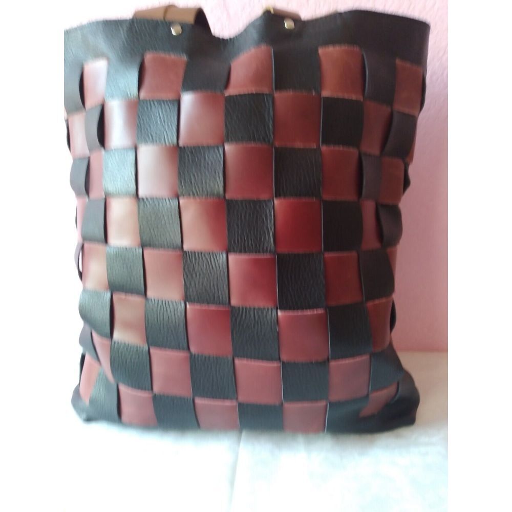 Handcrafted Woven Leather Tote Bag Black & Brown Checkered Pattern Shoulder Bag